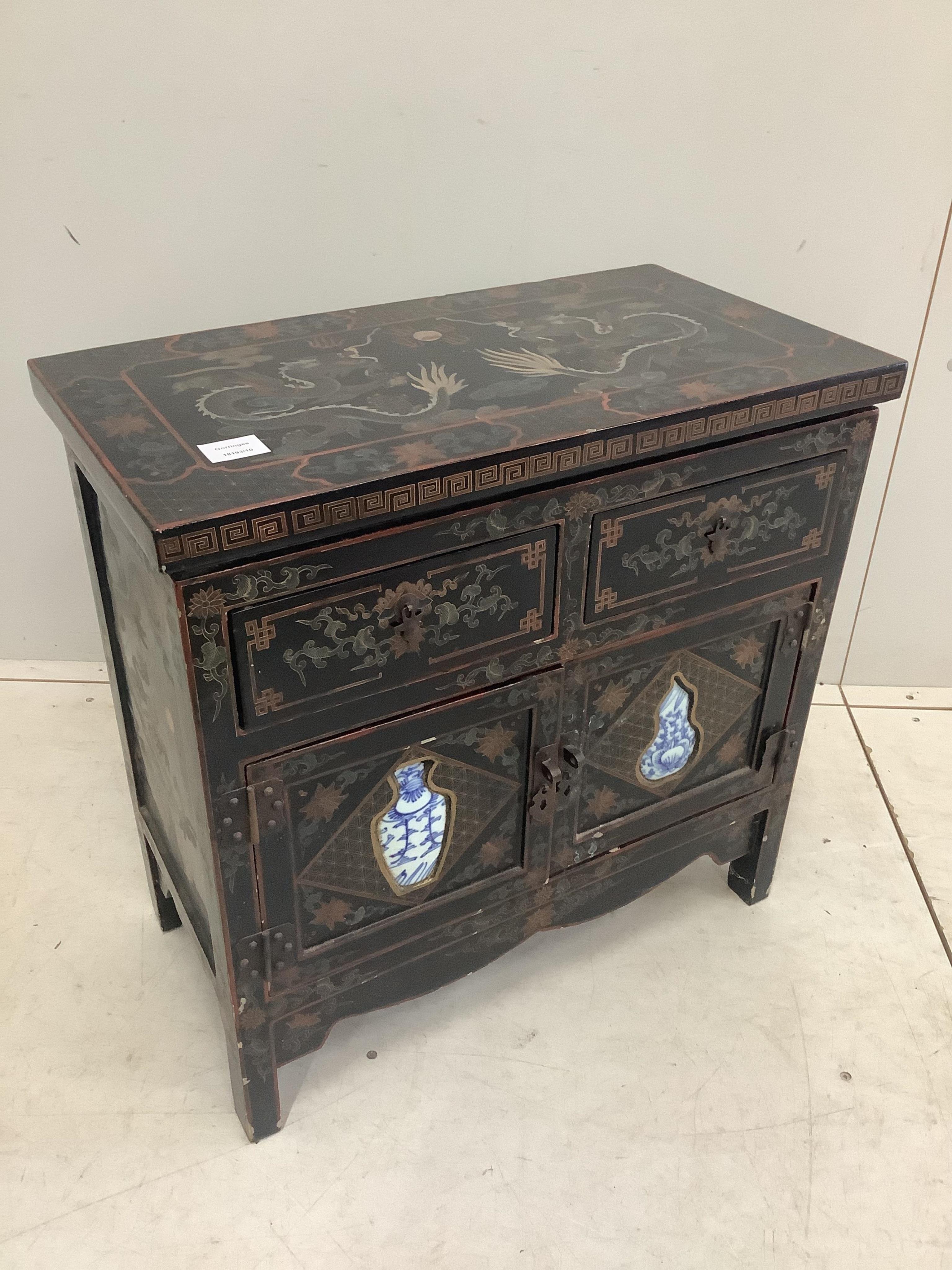 A small Chinese lacquered porcelain mounted side cabinet, width 61cm, depth 33cm, height 60cm